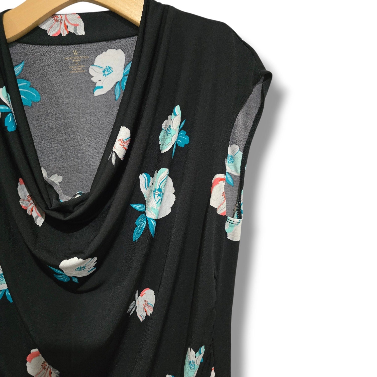 Worthington Woman plus size Black Floral Cowl Neck Cap Sleeve Blouse - 1x
