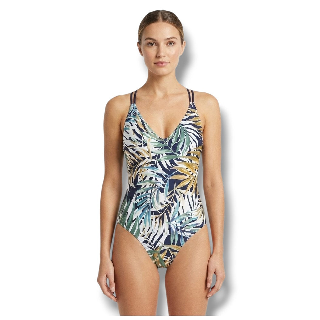 HURLEY women's Tropical Palm Leaf One Piece Swimsuit XS Blue Green Cross Back