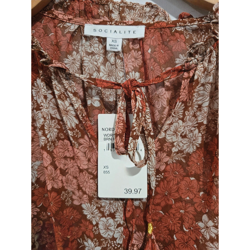 Socialite Floral Long Sleeve Smocked Waist Mini Dress – Rust Brown XS NWT