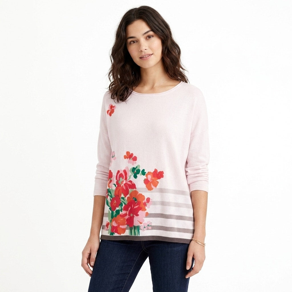 Talbots Soft Pink Floral & Striped Cotton Knit Sweater XL