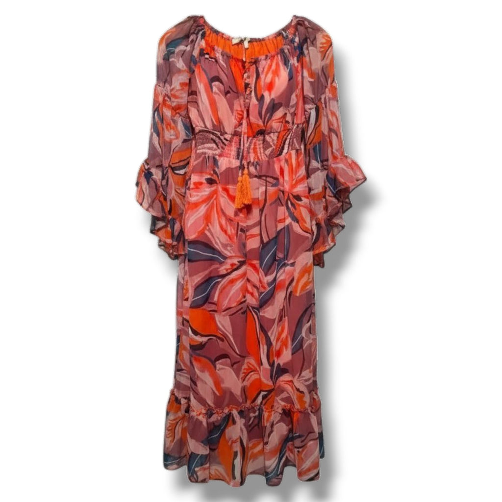 Blush Retro Floral Tassel Tie Maxi Dress Smocked Waist Small