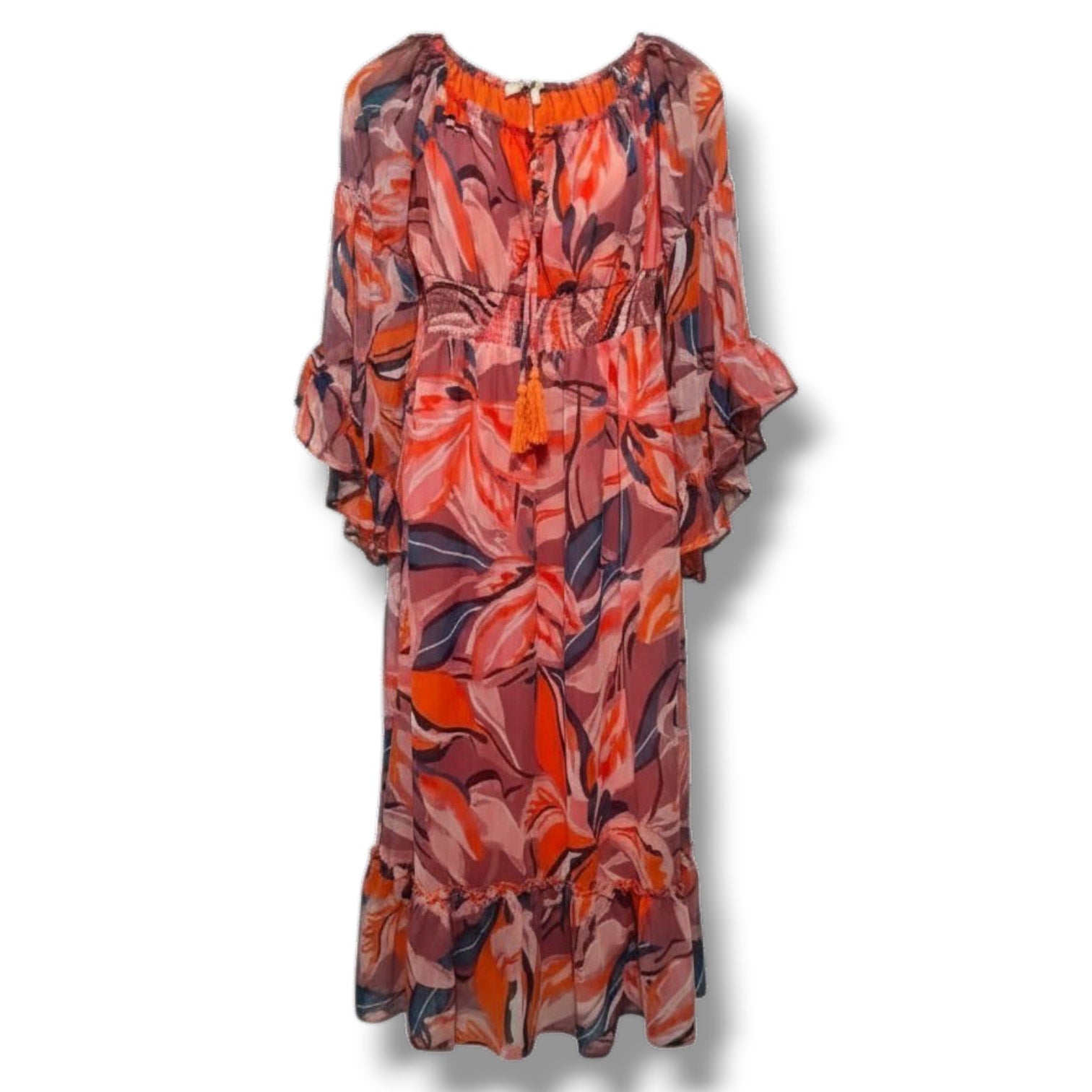 Blush Retro Floral Tassel Tie Maxi Dress Smocked Waist Small