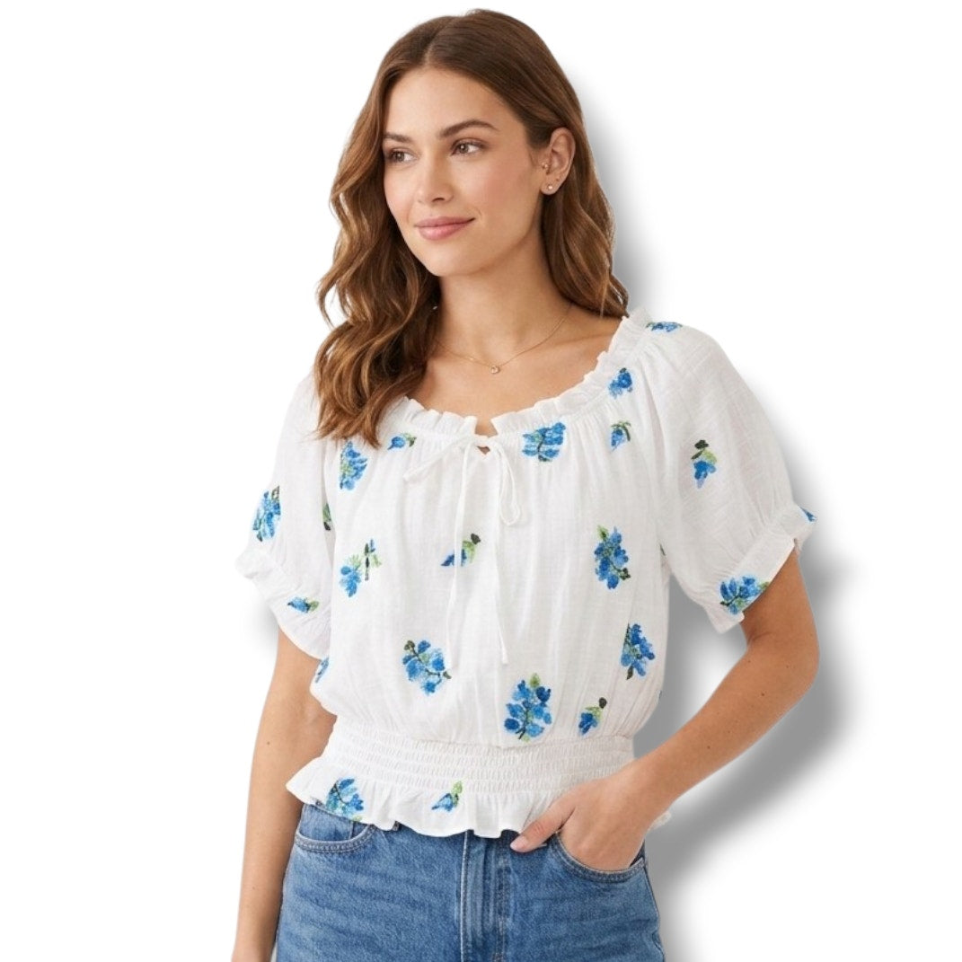 Meraki Women’s White Blue Floral Boho Peasant Blouse - Medium