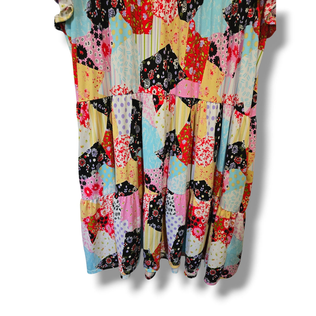 Perfect Peach Women’s Multicolor Patchwork Tiered Flutter Sleeve Dress – Large