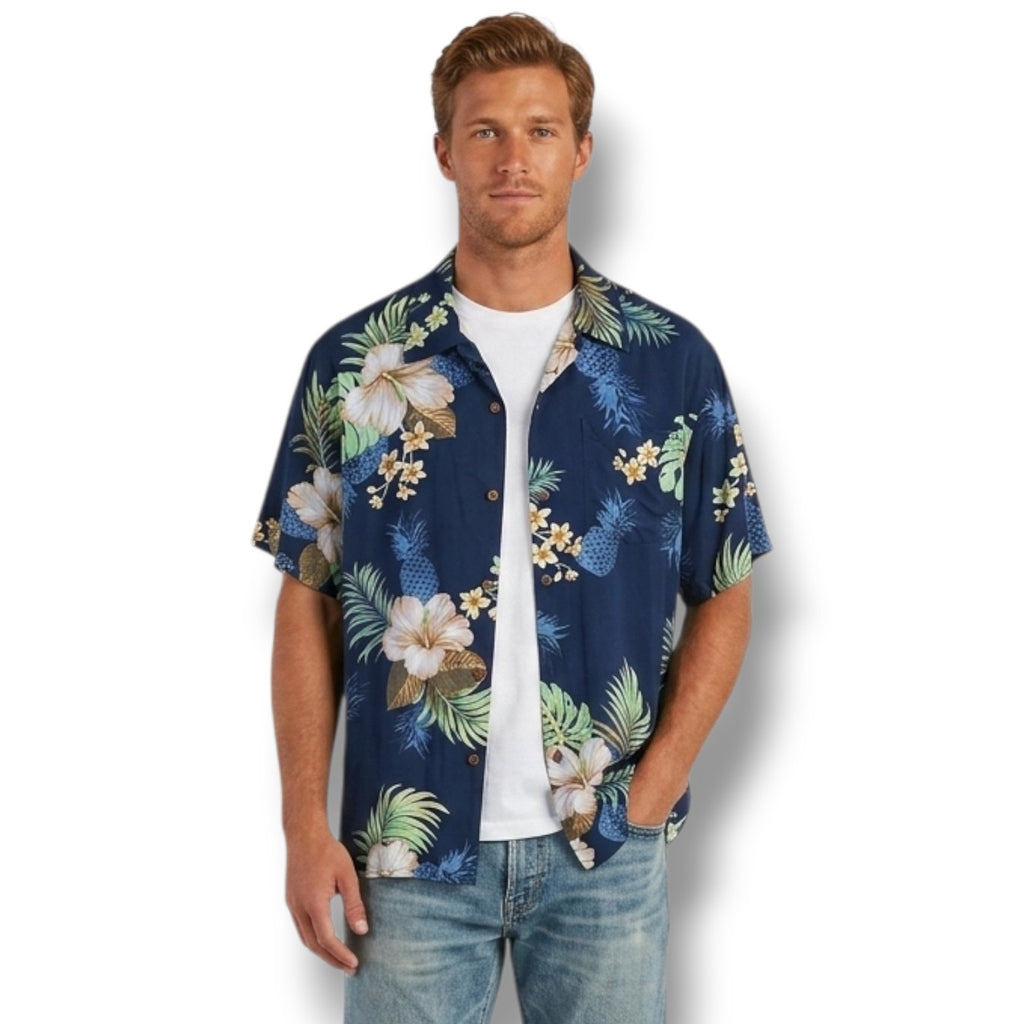 Hawaii Hangover Men’s Navy Tropical Floral Hawaiian Shirt Rayon Medium
