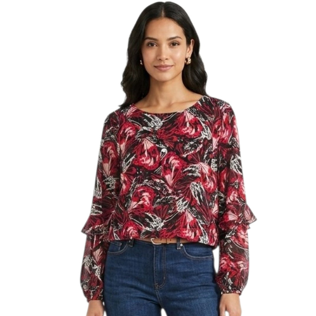 Alfani Women’s Red Black Abstract Print Long Sleeve Ruffle Blouse – Size Large