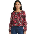 Alfani Women’s Red Black Abstract Print Long Sleeve Ruffle Blouse – Size Large