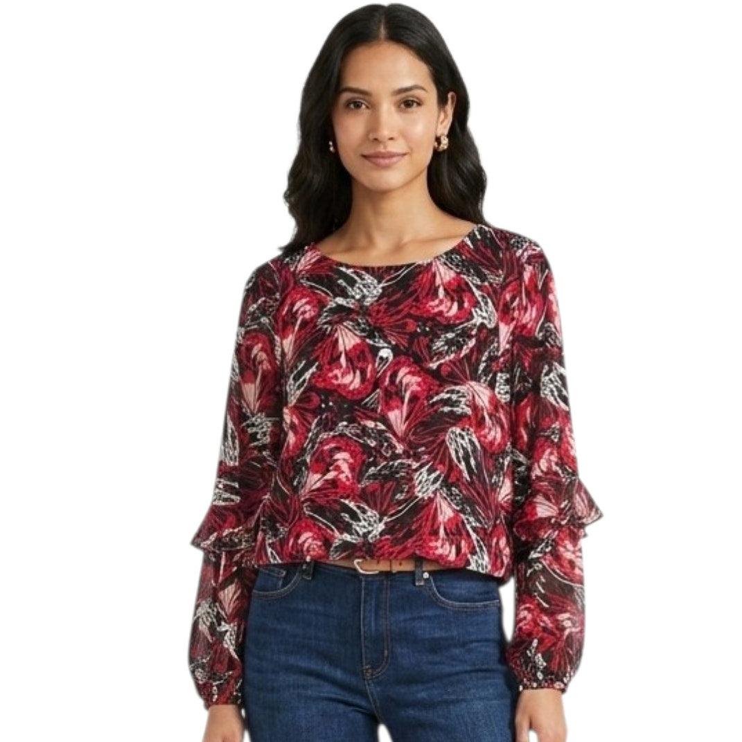 Alfani Women’s Red Black Abstract Print Long Sleeve Ruffle Blouse – Size Large