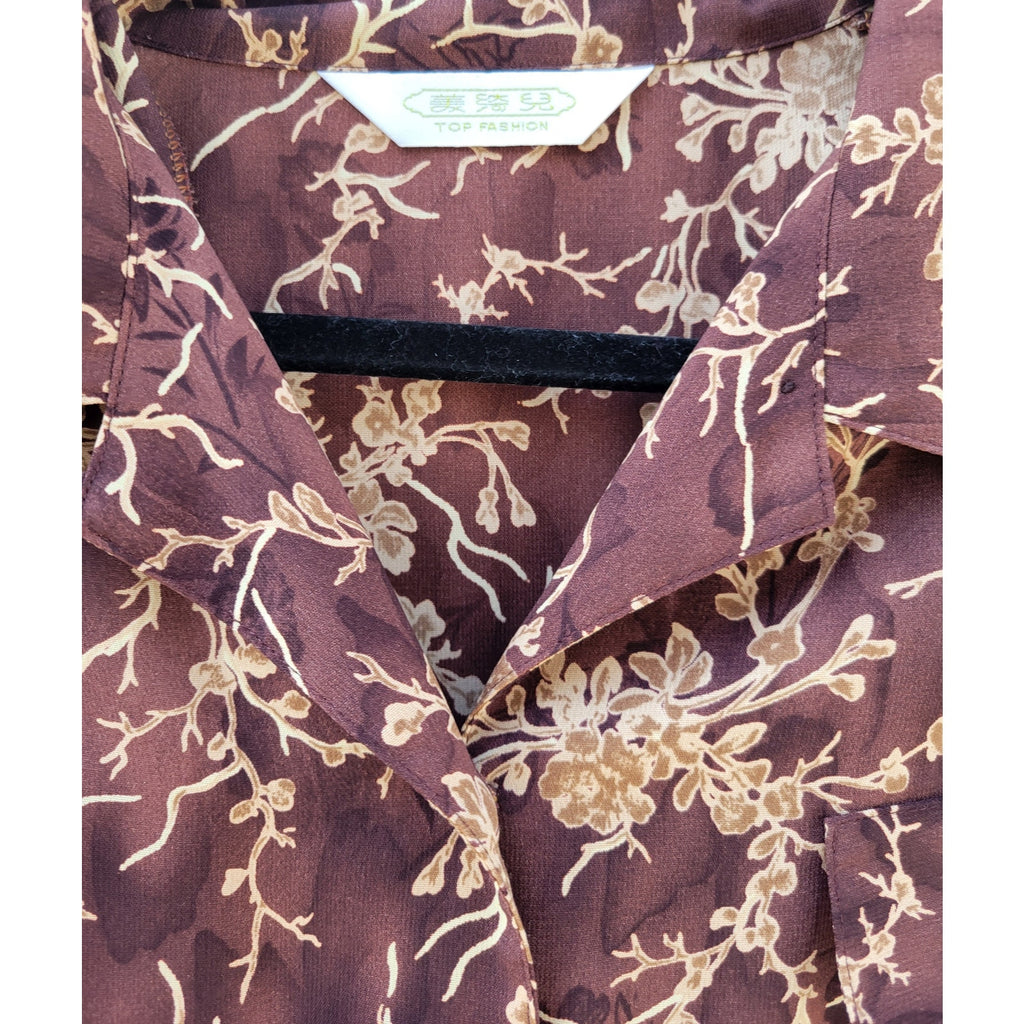 Ryh Shin Brown Floral Button-Down Blouse – Medium, Vintage Style, Pre-Owned