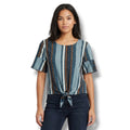 Modern Attraction Striped Tie-Front Top Large Blue Brown Flutter Sleeve