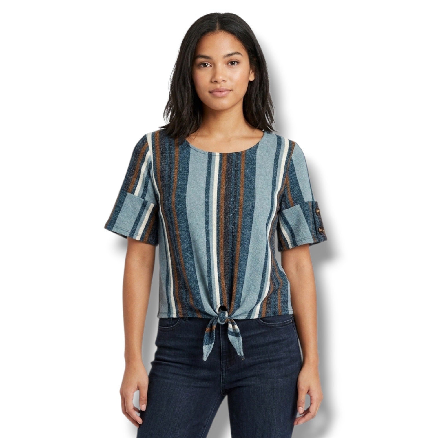 Modern Attraction Striped Tie-Front Top Large Blue Brown Flutter Sleeve