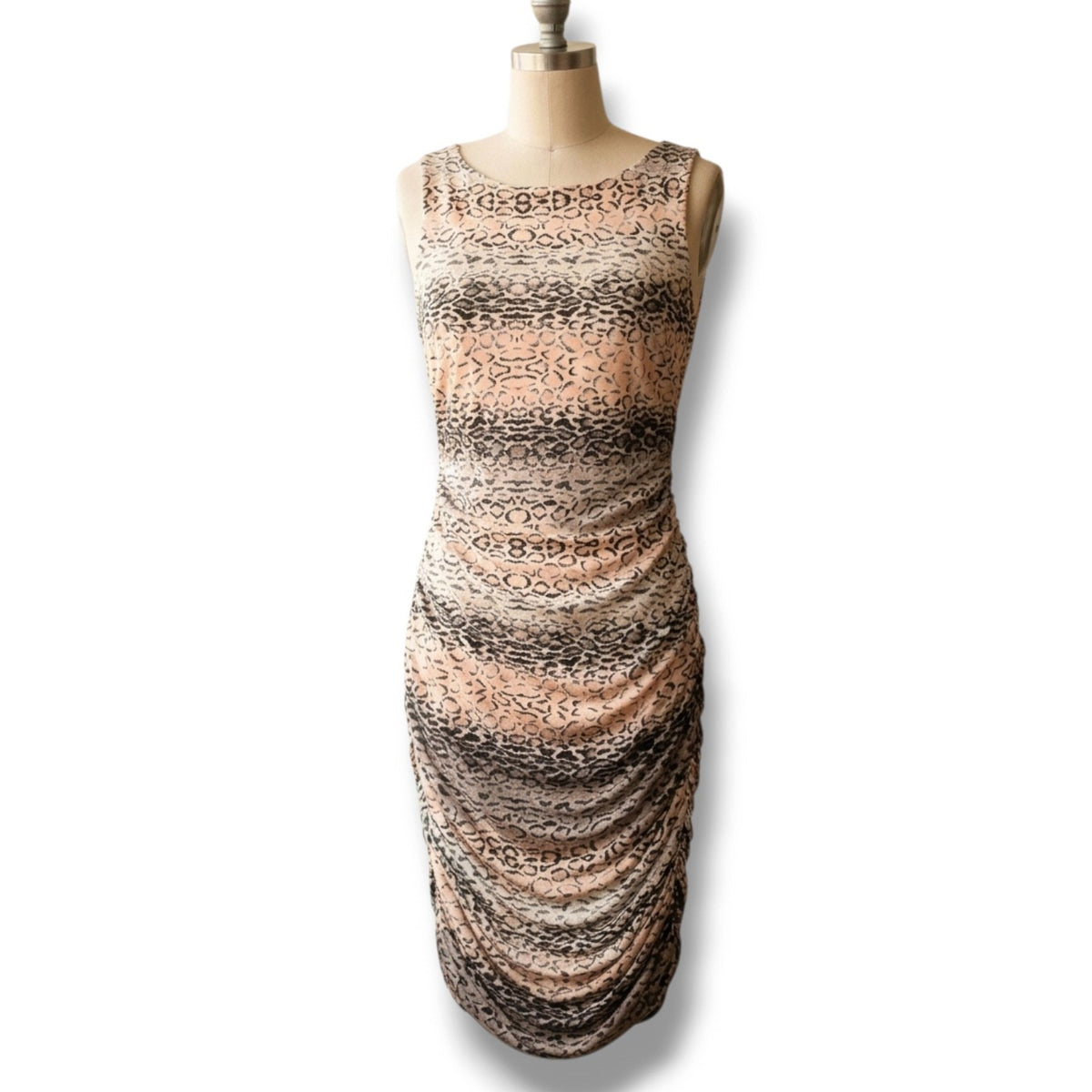 Caché Ombre Snow Leopard Animal Print Ruched Bodycon Sheath Dress Medium