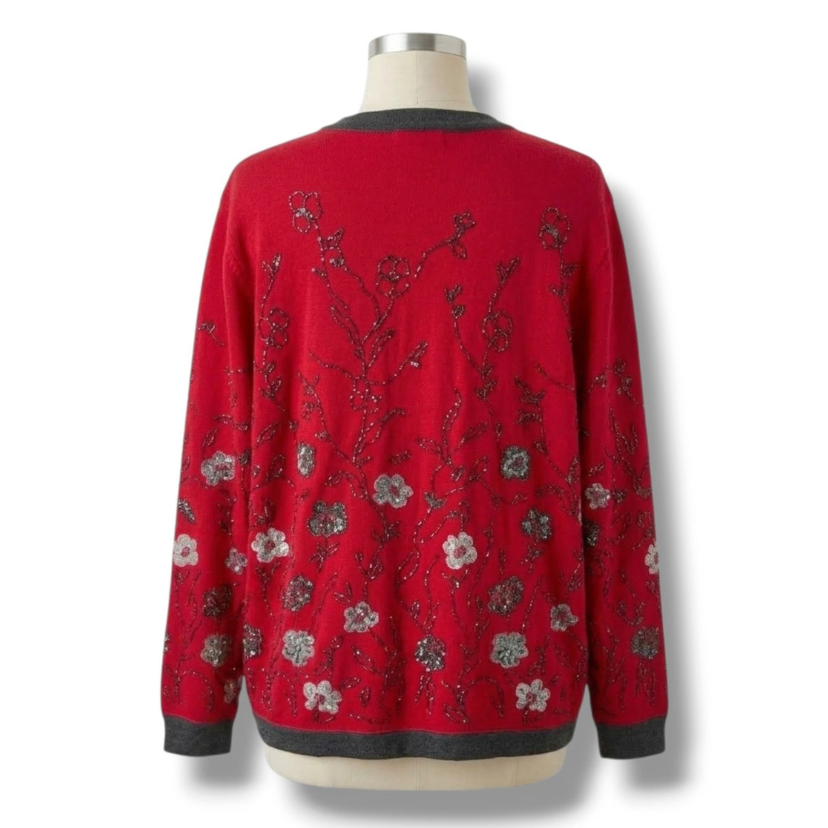 Cathy Daniels Women’s Red Floral Metallic Button-Front Cardigan Sweater – Large