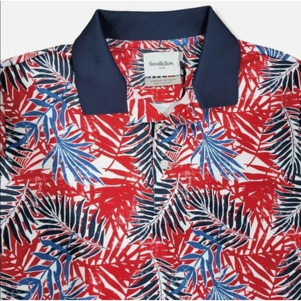 Goodfellow & Co Men’s Patriotic Tropical Floral Polo Shirt Red White Blue