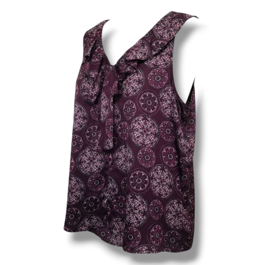 Apt. 9 Women's Tie Neck Blouse Medium Button Front Ruffle Sleeveless Plum Print