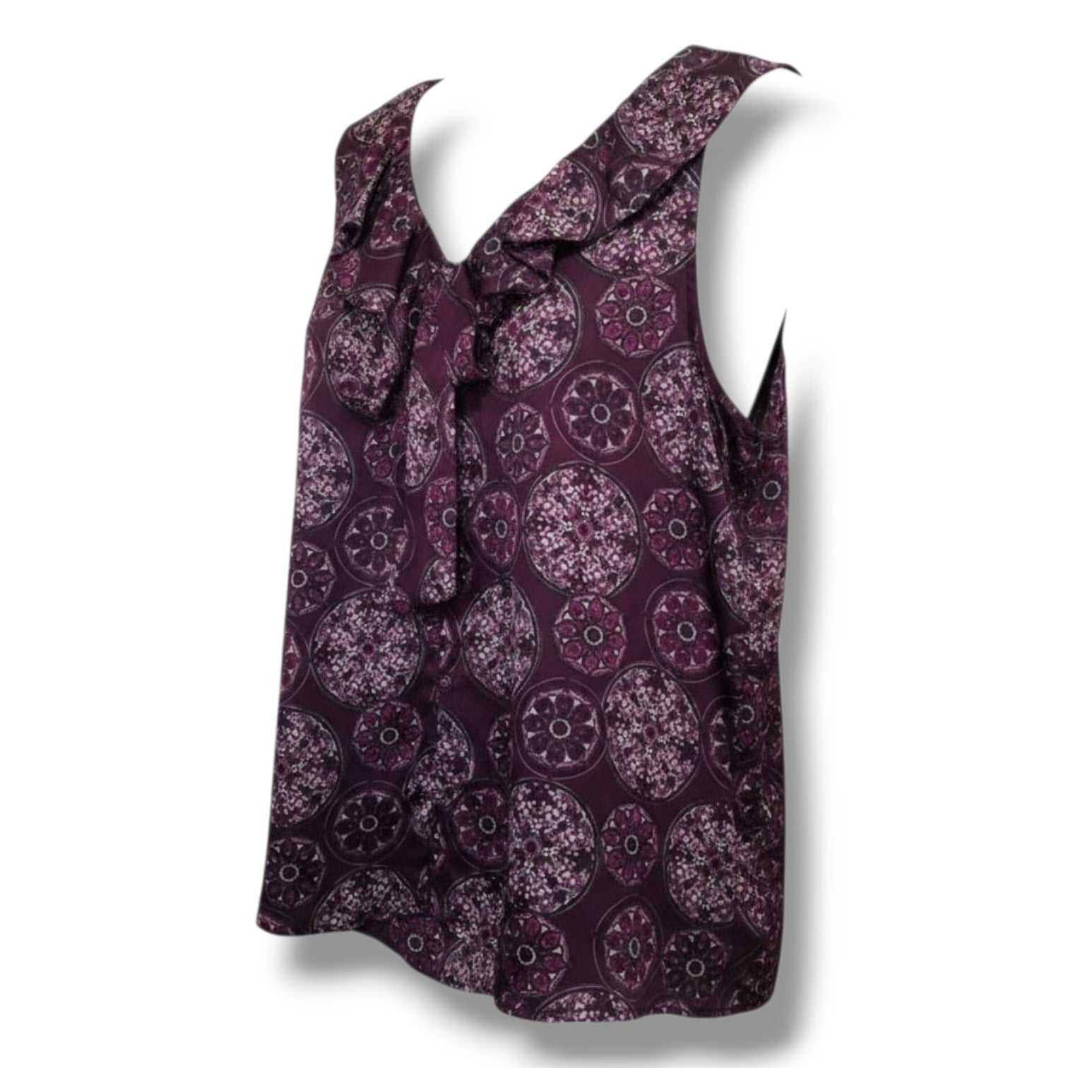 Apt. 9 Women's Tie Neck Blouse Medium Button Front Ruffle Sleeveless Plum Print