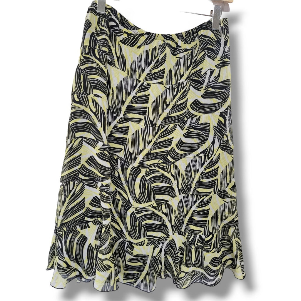 Draper’s & Damon’s Petites Tiered Midi Skirt PXL – Black Yellow Leaf Print Lined
