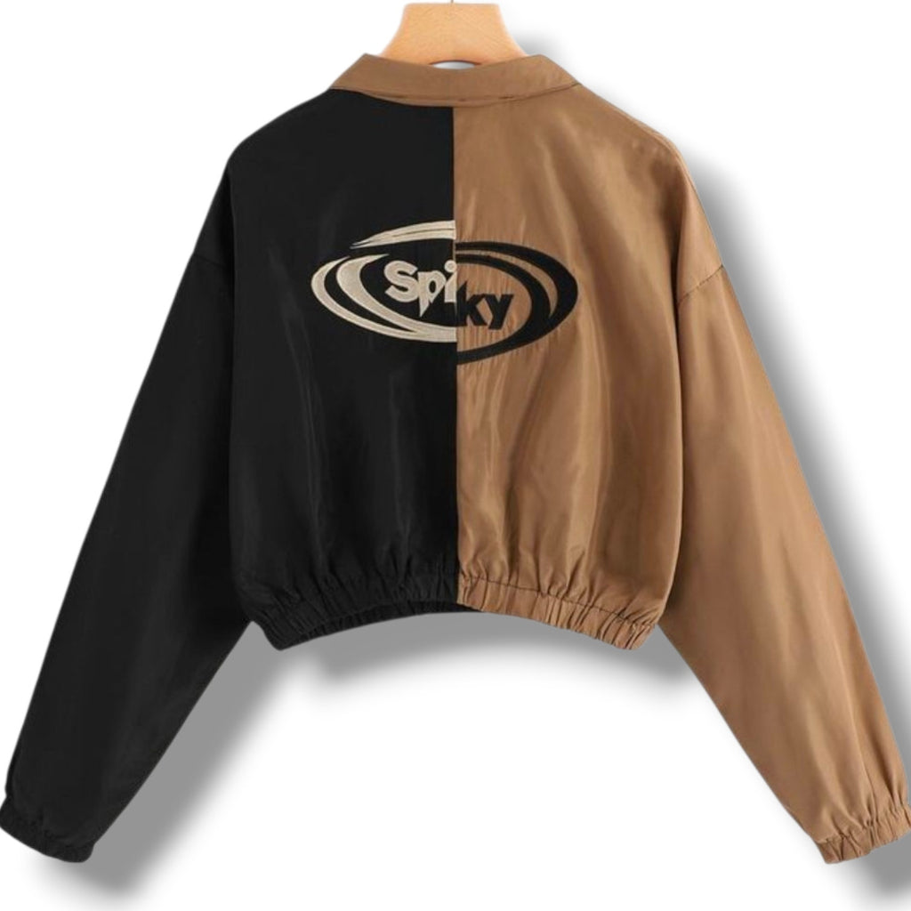Spiky Two-Tone Black & Brown Cropped Zip Jacket – Size Small