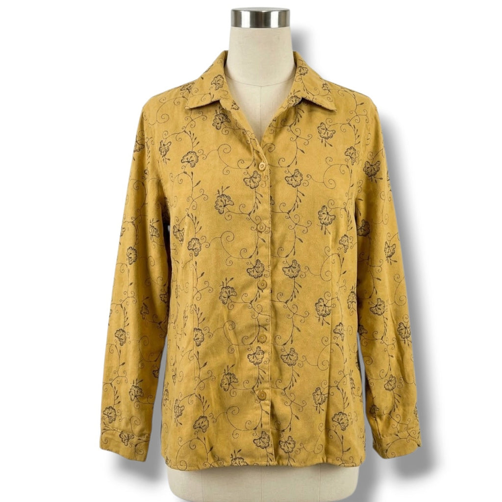 Sag Harbor Mustard Yellow Floral Embroidered Faux Suede Button Down top Large