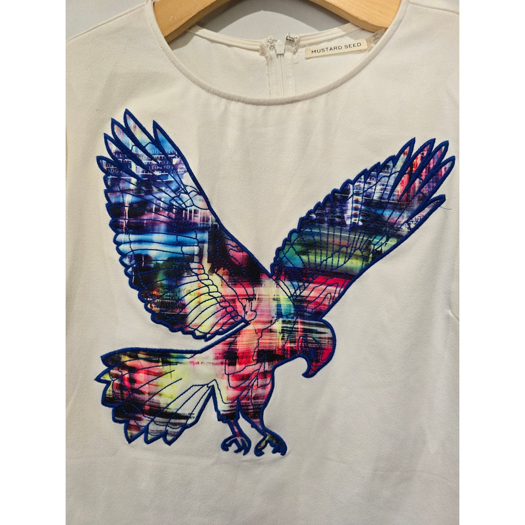 Mustard Seed Women’s Ivory Cropped Top w/ Colorful Eagle Graphic | Size L