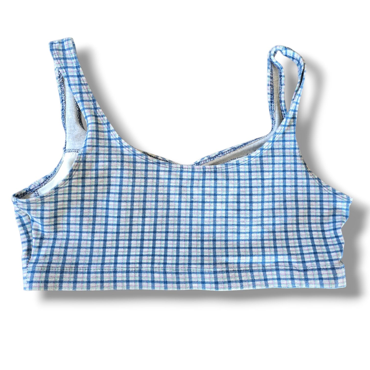 KATHY IRELAND Vintage Plaid Swim Top Large Blue White Gingham Bikini Crop