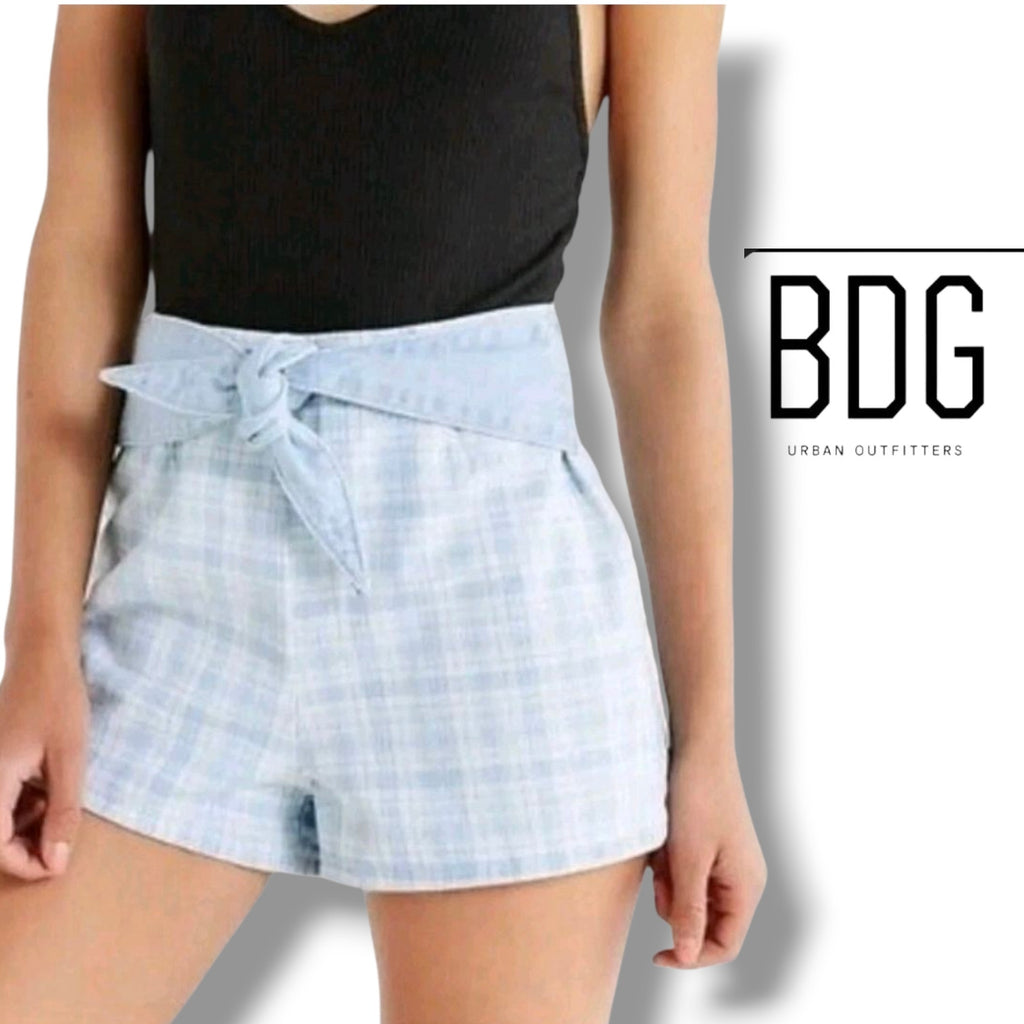 BDG Urban Outfitters Women’s Blue Plaid High-Rise Shorts with Tie Belt – Size 2