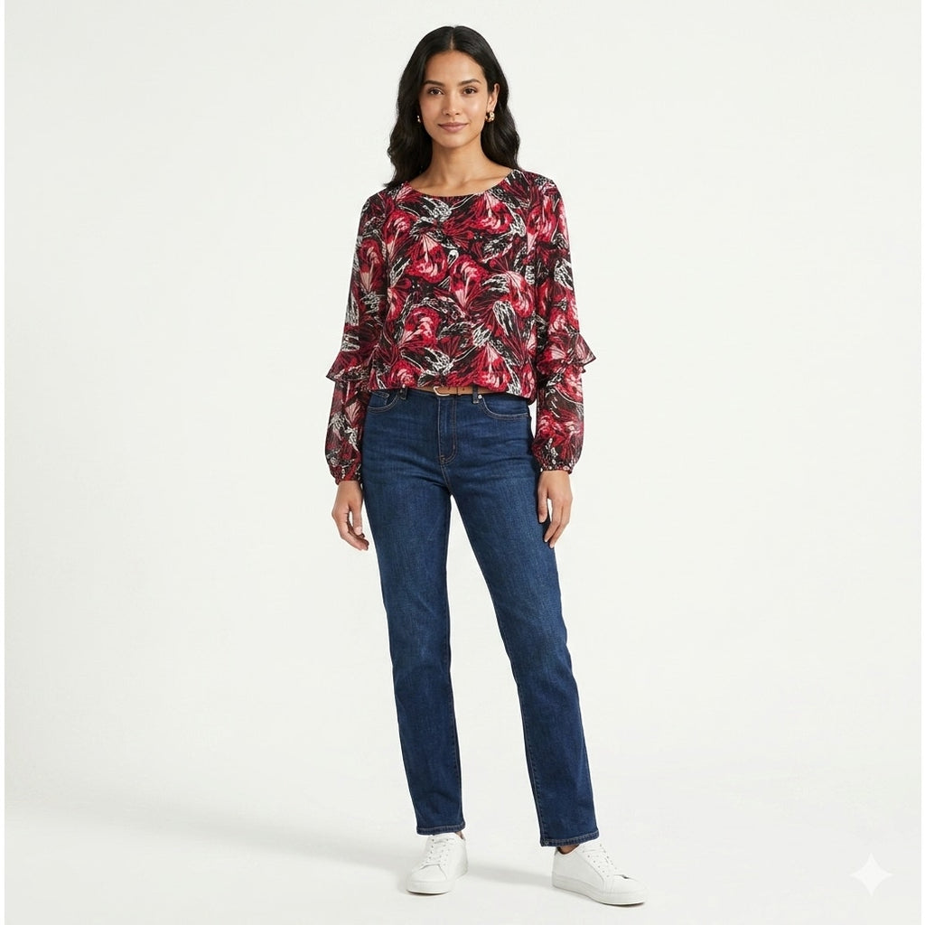 Alfani Women’s Red Black Abstract Print Long Sleeve Ruffle Blouse – Size Large