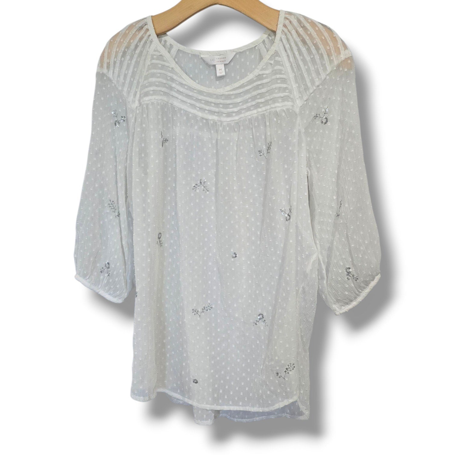 LC Lauren Conrad Women’s White Eyelet Embroidered Peasant Blouse Size Medium