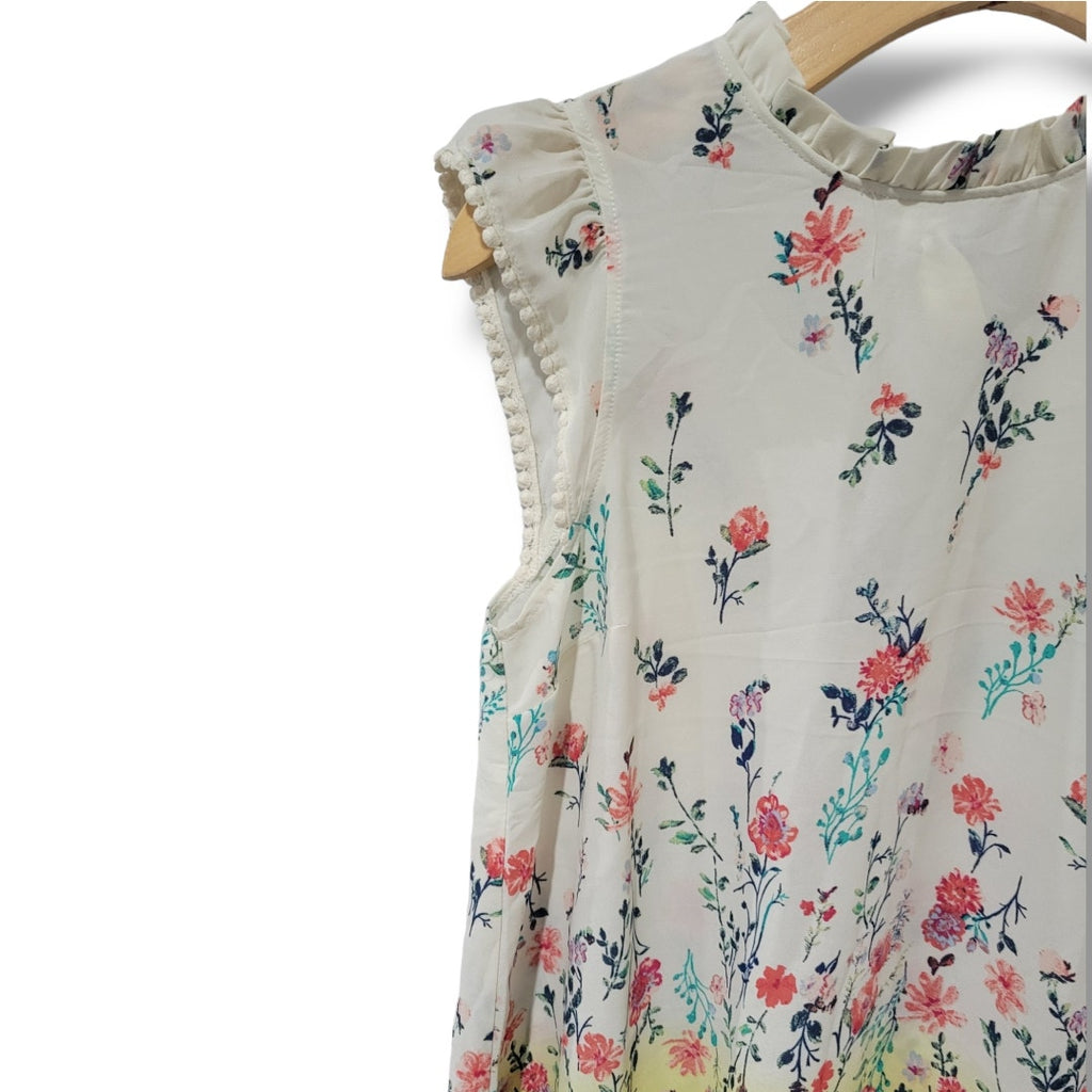 Cresent & Willough Floral Cap Sleeve Tie Neck Blouse Size Small