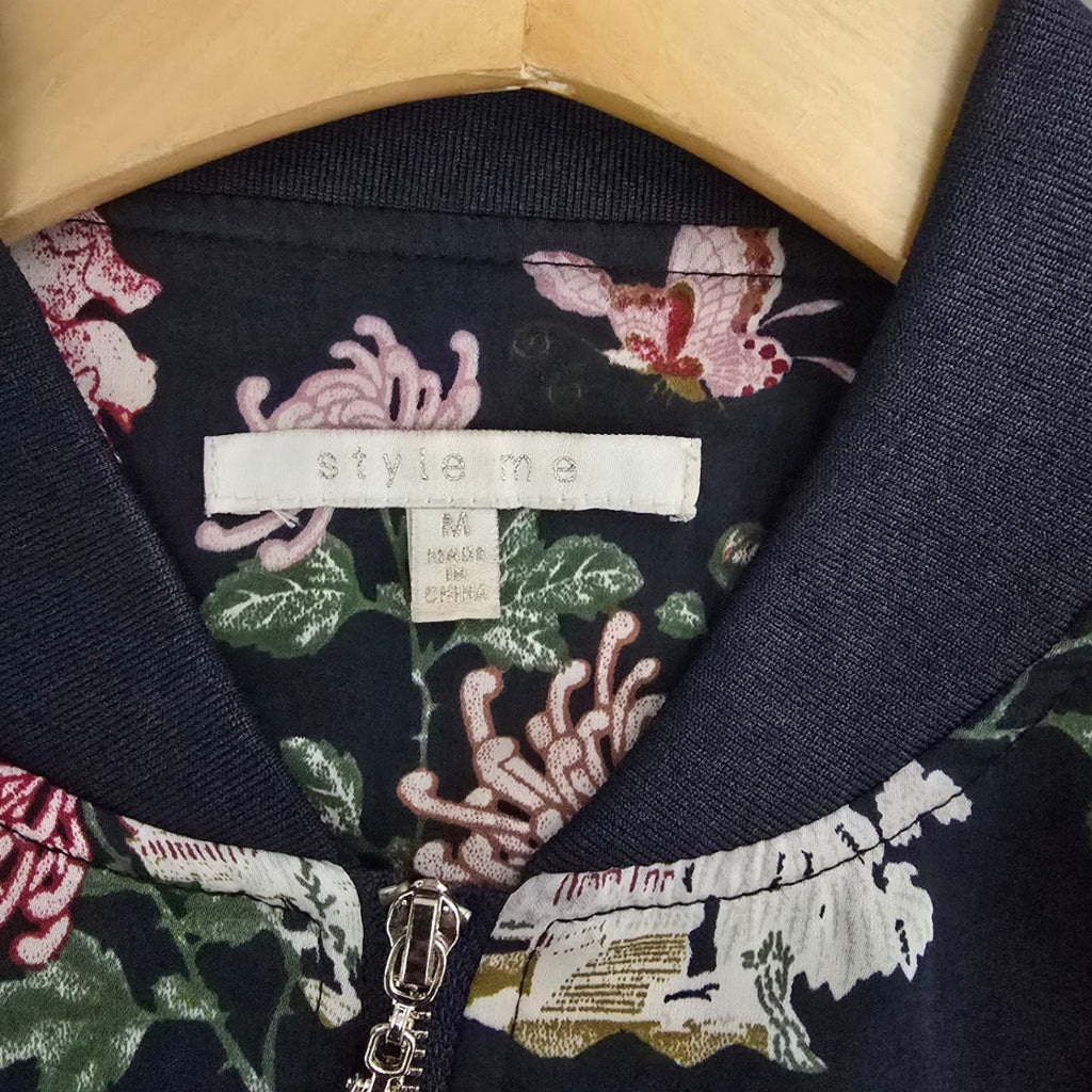 Style Me Women's Size M Navy Blue Asian Floral Butterfly Satin Bomber Jacket