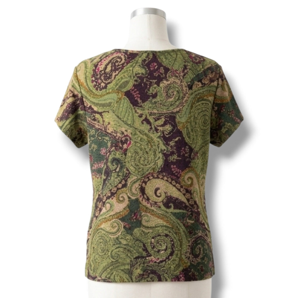 Koret Women's Large Green Purple Paisley Metallic Shimmer Short Sleeve Top