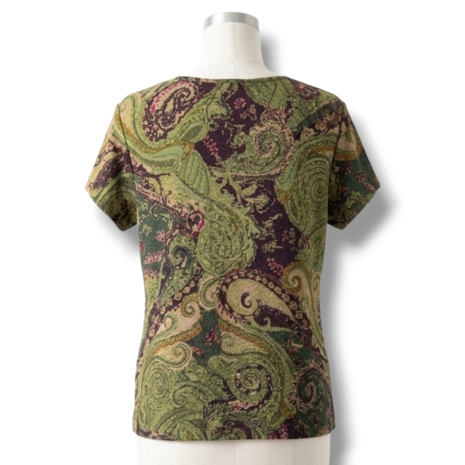 Koret Women's Large Green Purple Paisley Metallic Shimmer Short Sleeve Top