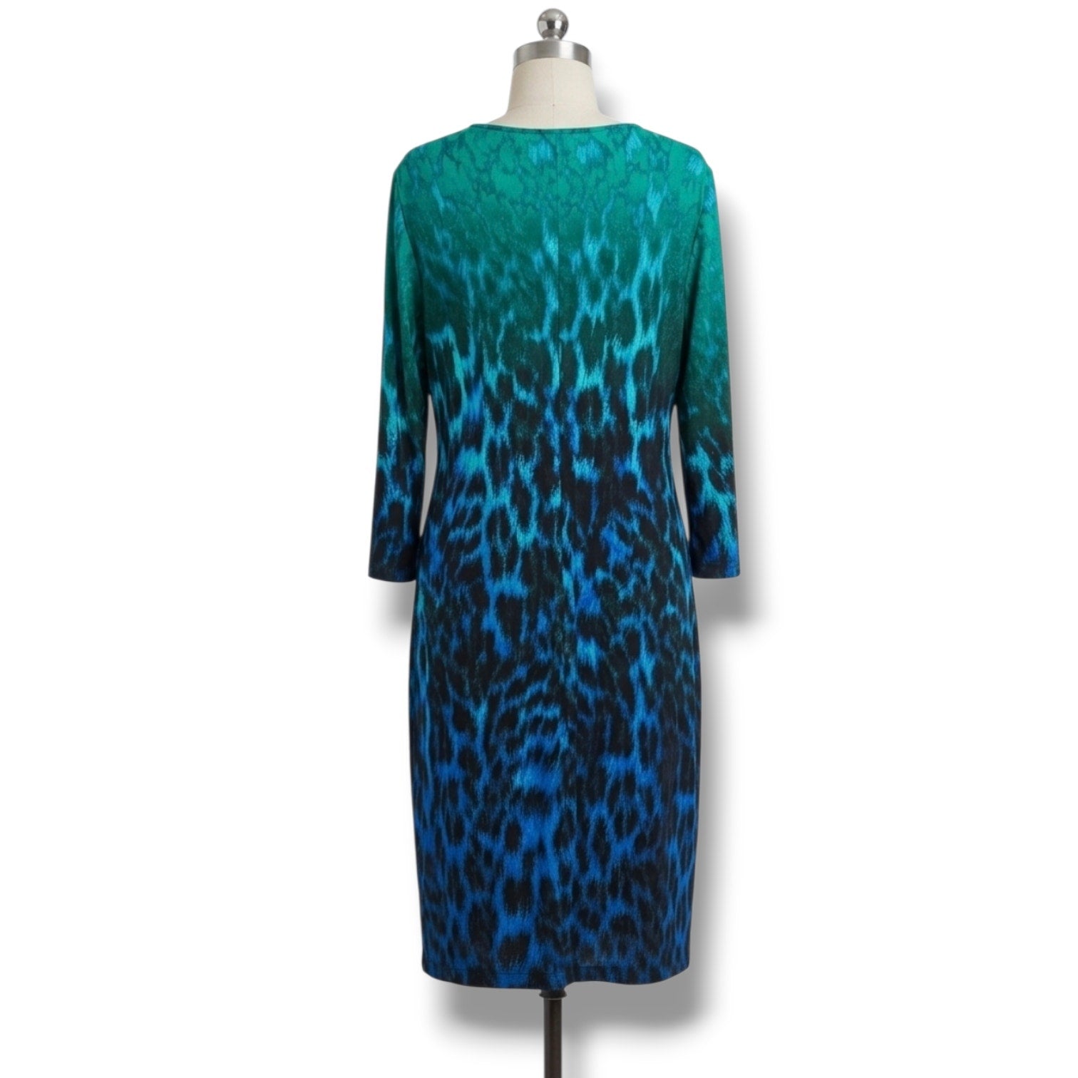 Chico's Women's Size 3 (XL) Blue Green Ombre Leopard Print V-Neck Sheath Dress
