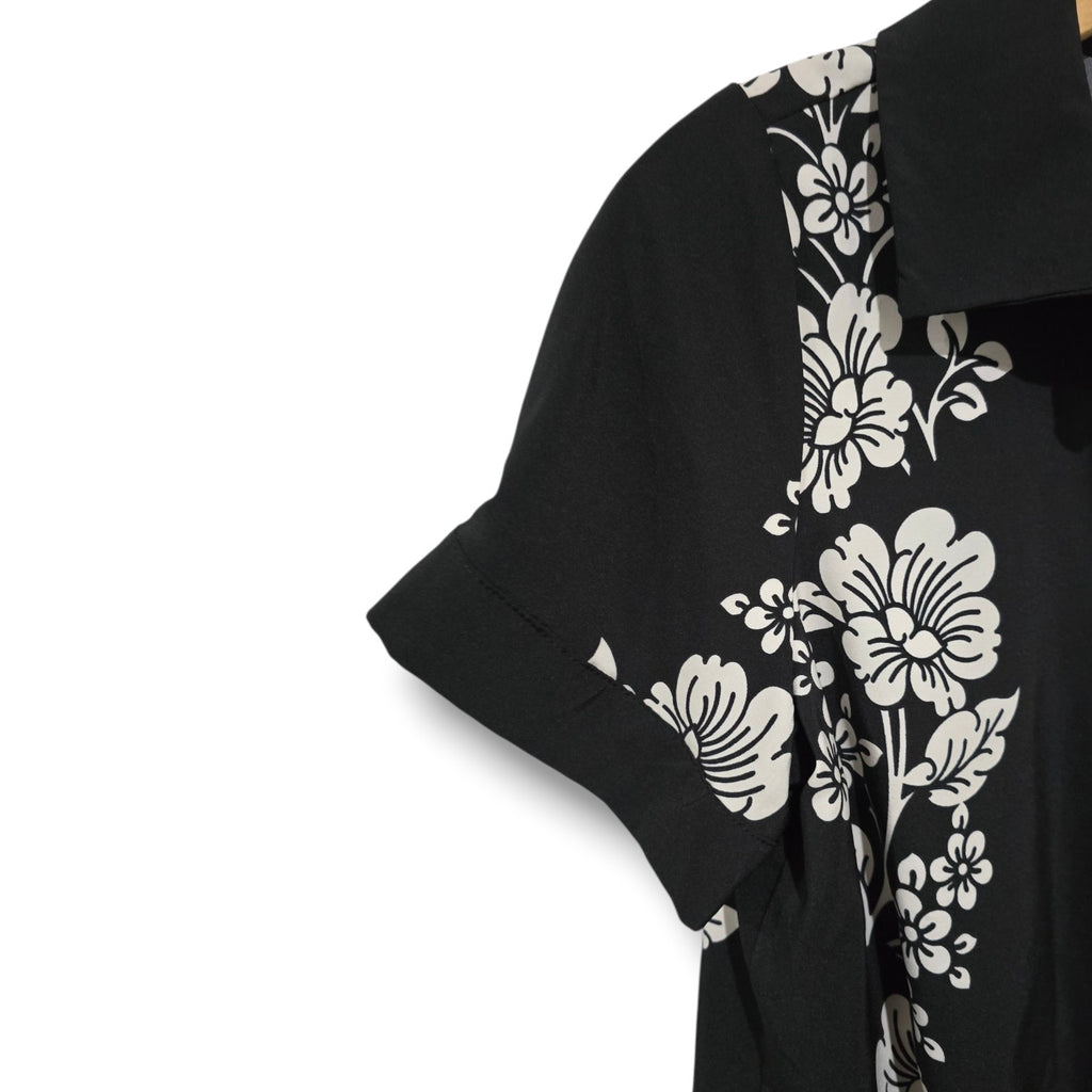 Rich & Famous Black Floral Button-Front Tie Hem Top – Size Large
