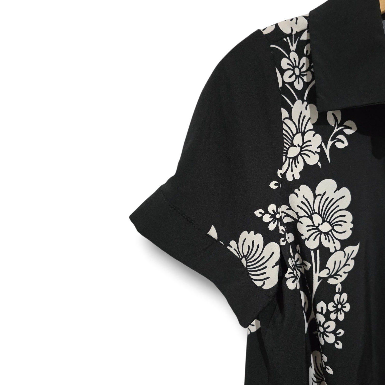 Rich & Famous Black Floral Button-Front Tie Hem Top – Size Large