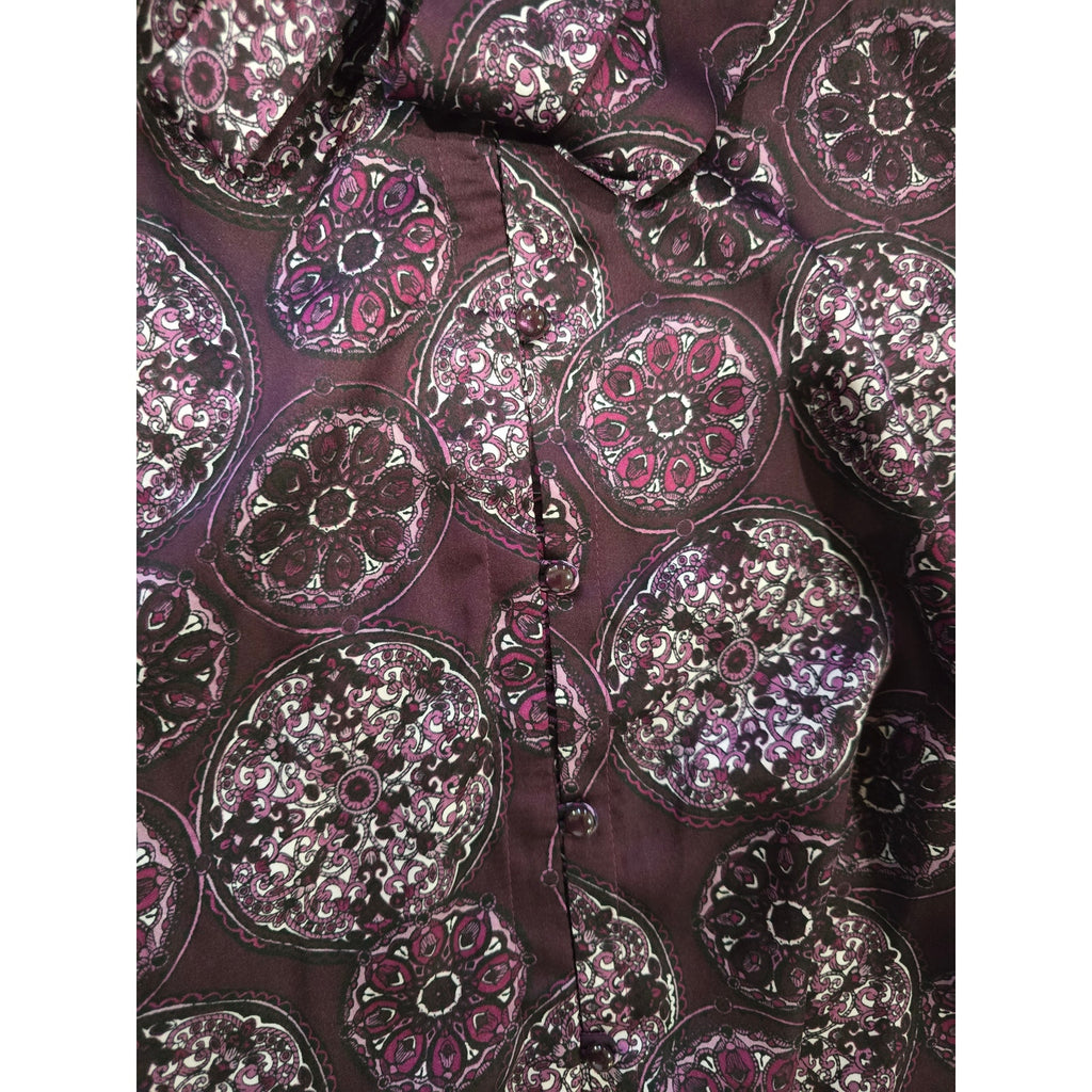 Apt. 9 Women's Tie Neck Blouse Medium Button Front Ruffle Sleeveless Plum Print