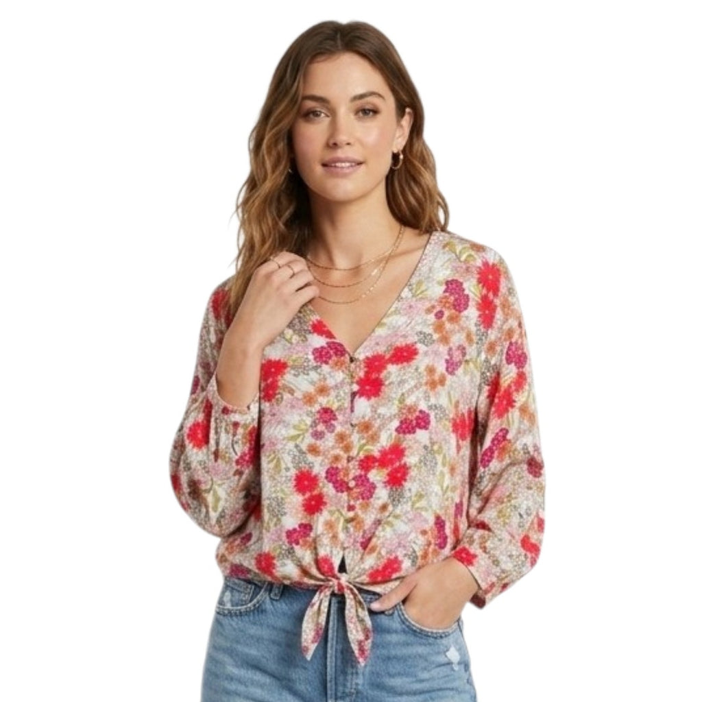 Democracy Women’s Floral Tie-Front Blouse PS Petite – 100% Rayon Boho Style