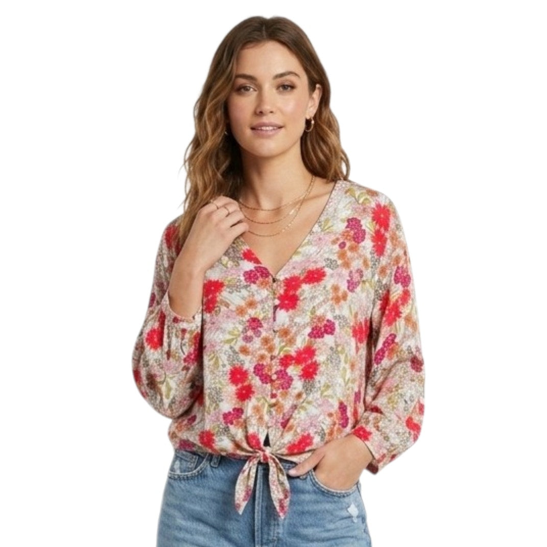 Democracy Women’s Floral Tie-Front Blouse PS Petite – 100% Rayon Boho Style