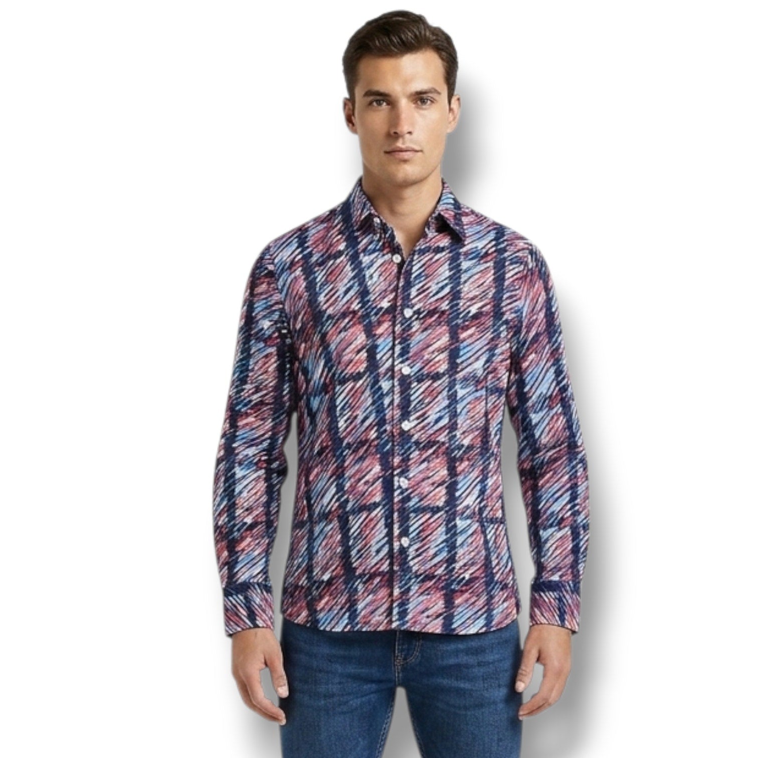 Medici Men’s Multi-Color Long Sleeve Button-Down Shirt – Medium