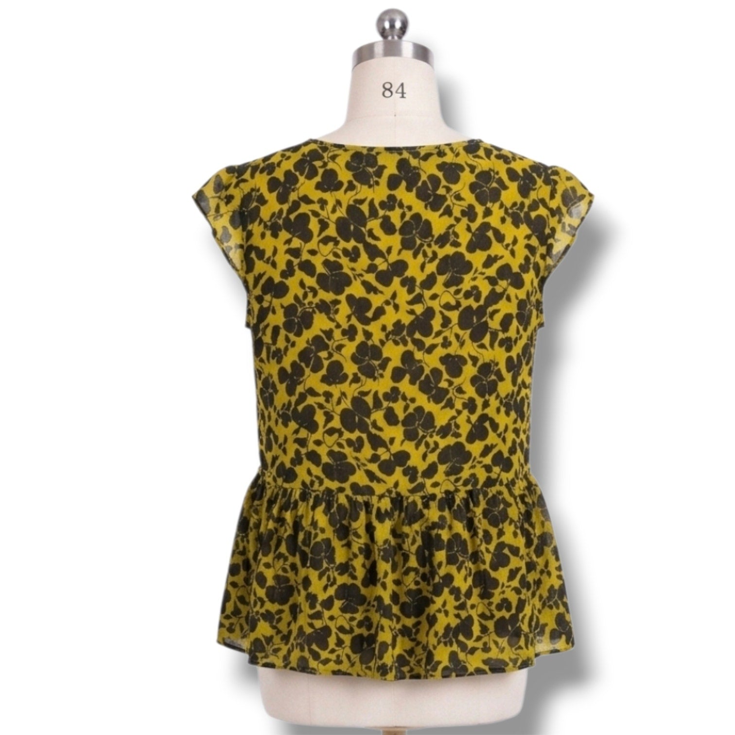Ann Taylor Factory Women's Size Medium Chartreuse Yellow Black Floral Peplum Top