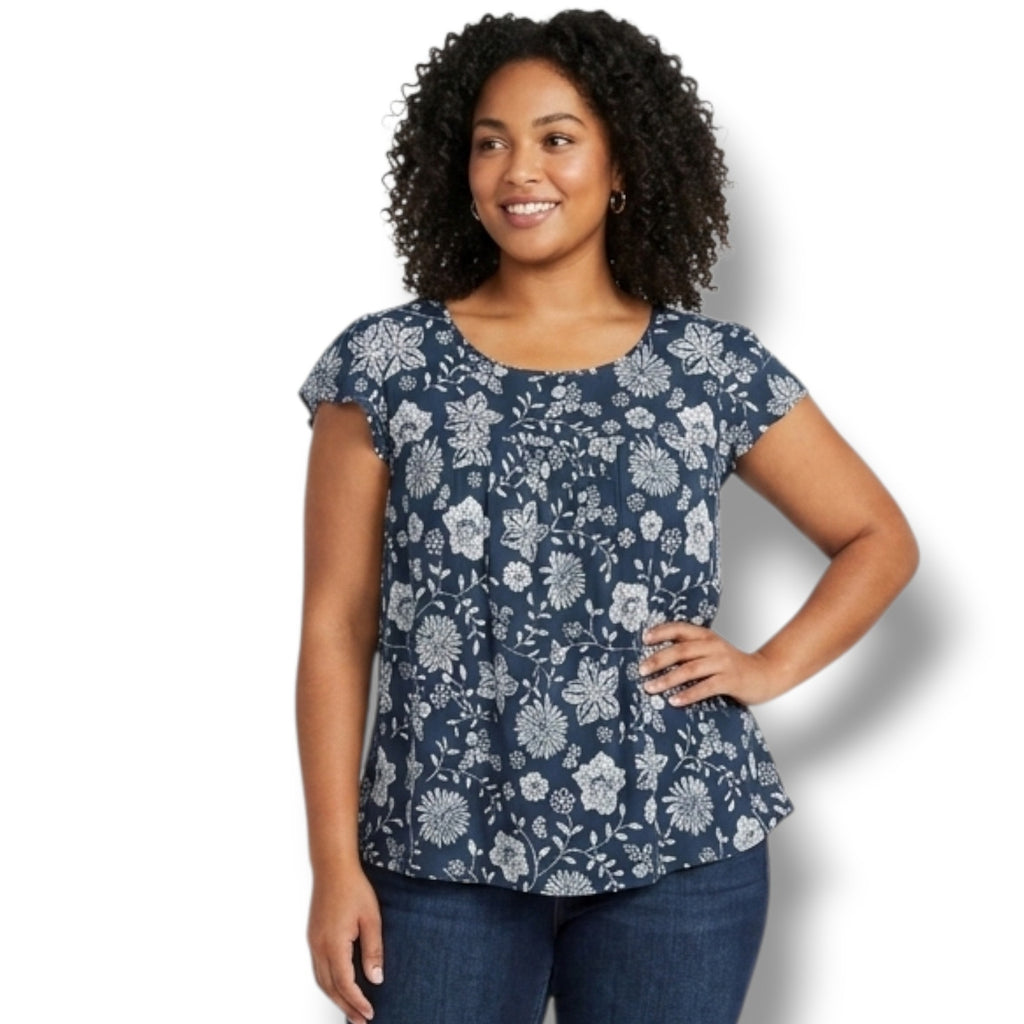 Sonoma Goods for Life women's Plus Size Blue Floral Babydoll Blouse 2x