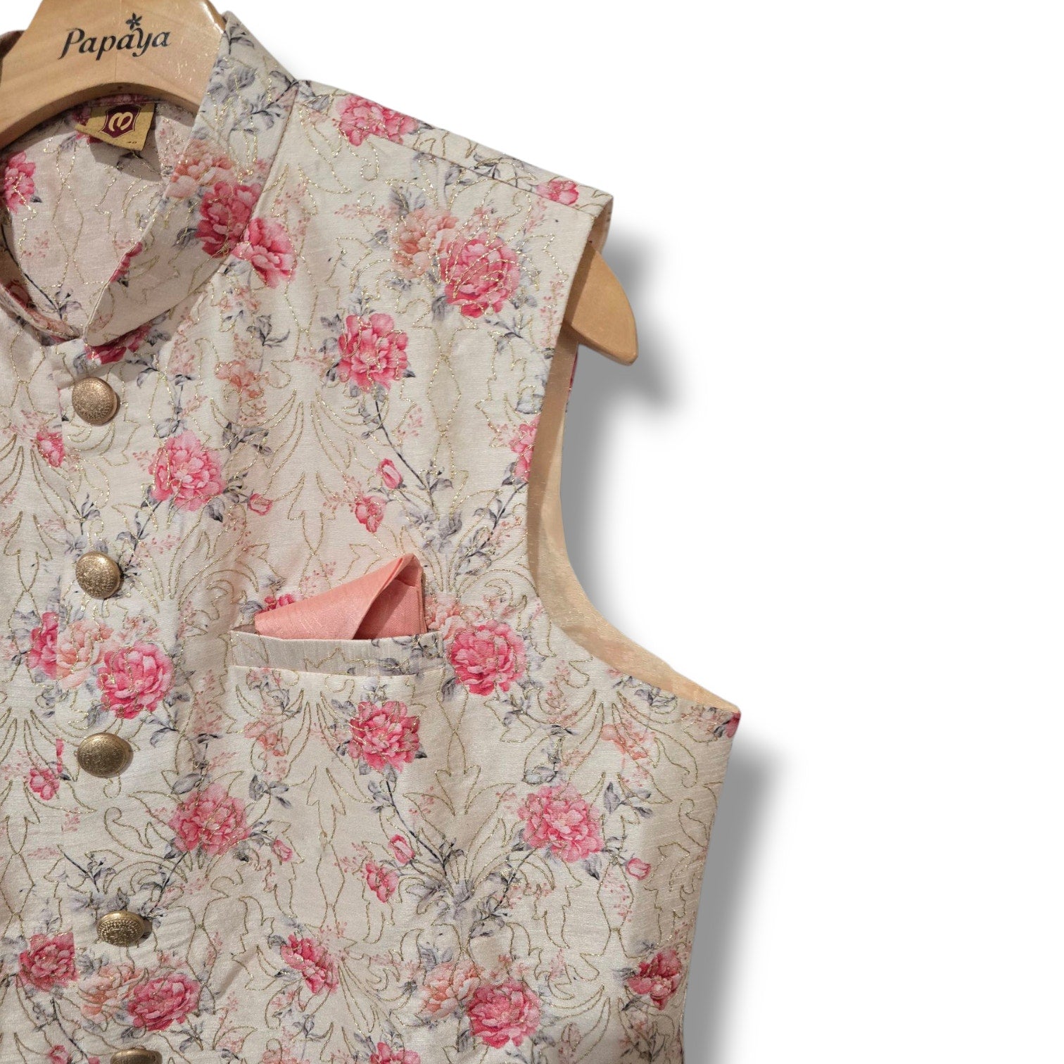 Manyavar men's Beige Jacket With Pink Floral Motifs