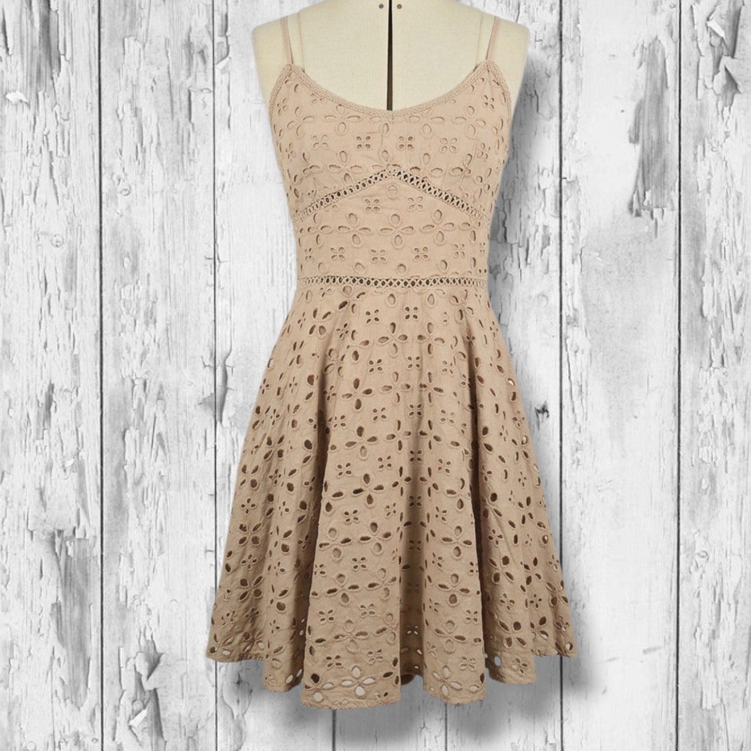 Venus Women's Size 12 Tan Beige Embroidered Cotton Eyelet A-Line Sundress NWT