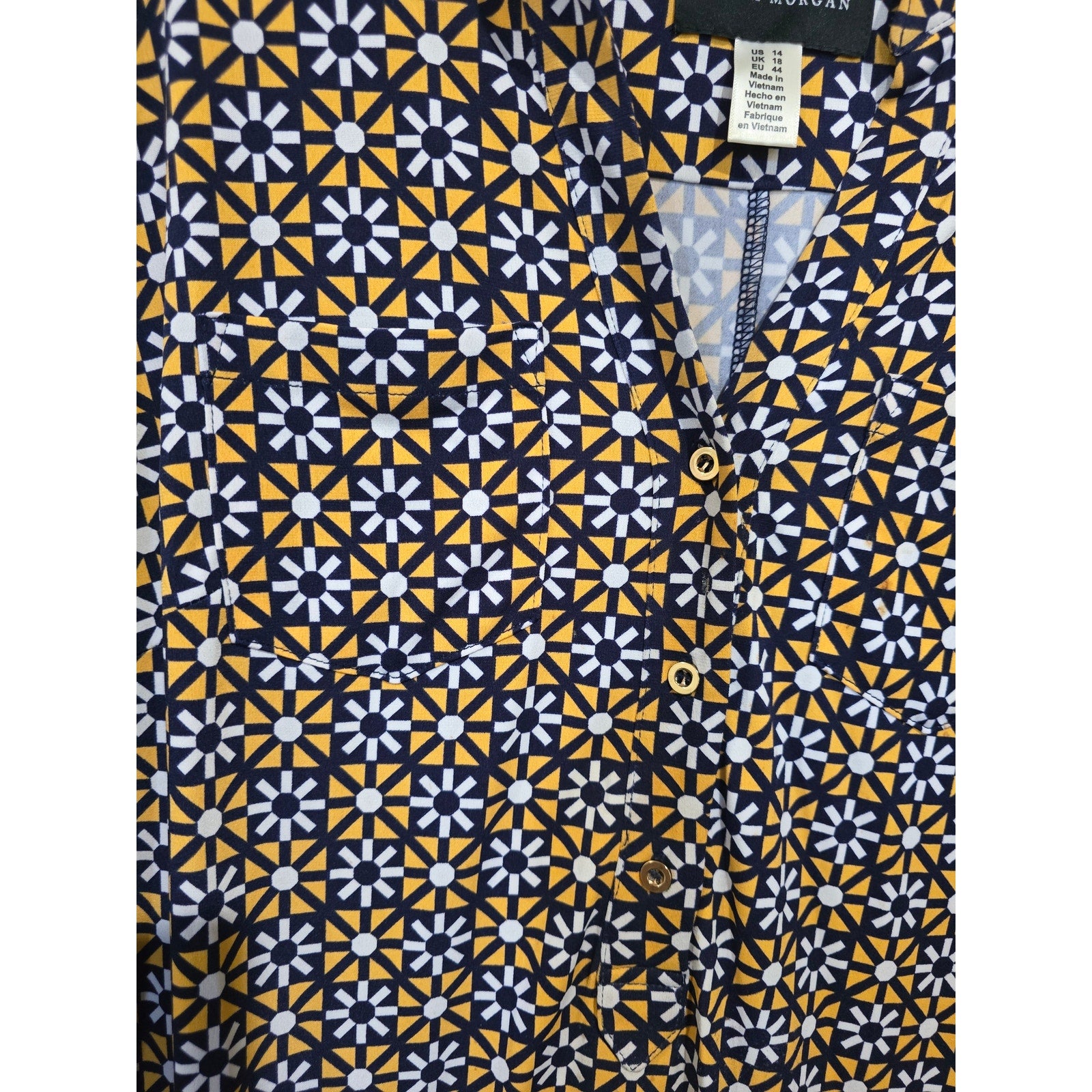 Donna Morgan Womens Size 14 Dress Geometric Navy Yellow Stretch Shift Preowned
