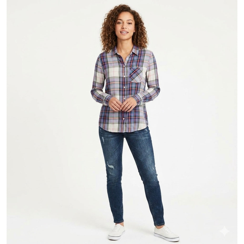 GAP Women’s Purple Plaid Button-Up Long Sleeve Shirt Medium