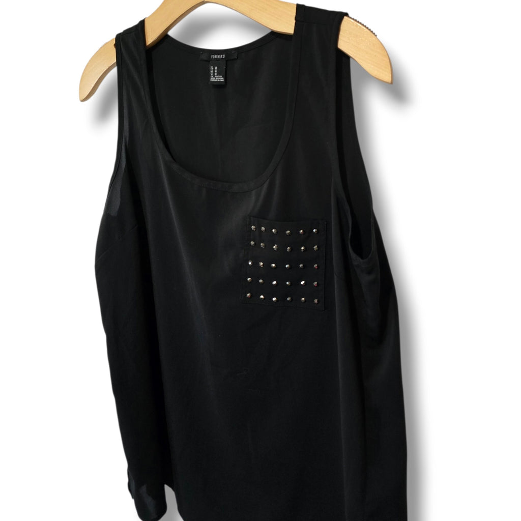 Forever 21 Black Studded Pocket Tank Top Sleeveless Blouse Medium