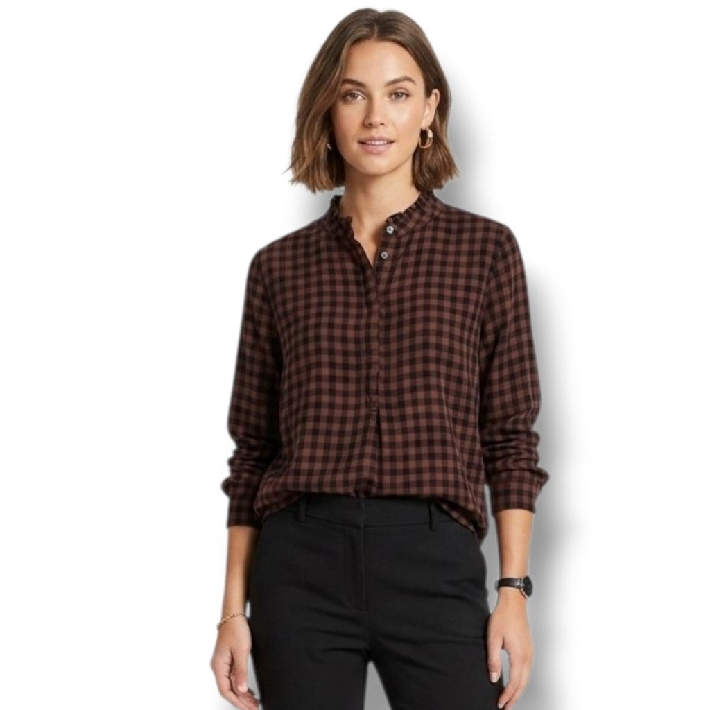 BeachLunchLounge Women’s Brown & Black Plaid Button-Front Blouse – Size Small