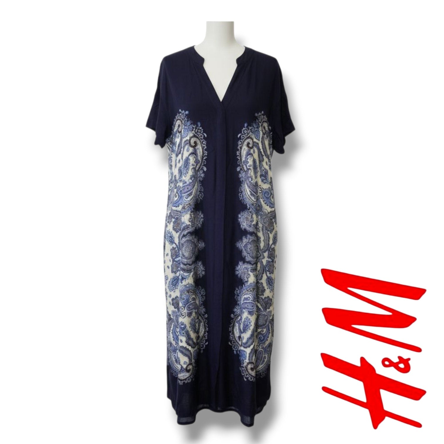 NWT H&M Blue Paisley Button Down Midi Dress Size 2 Short Sleeve Viscose