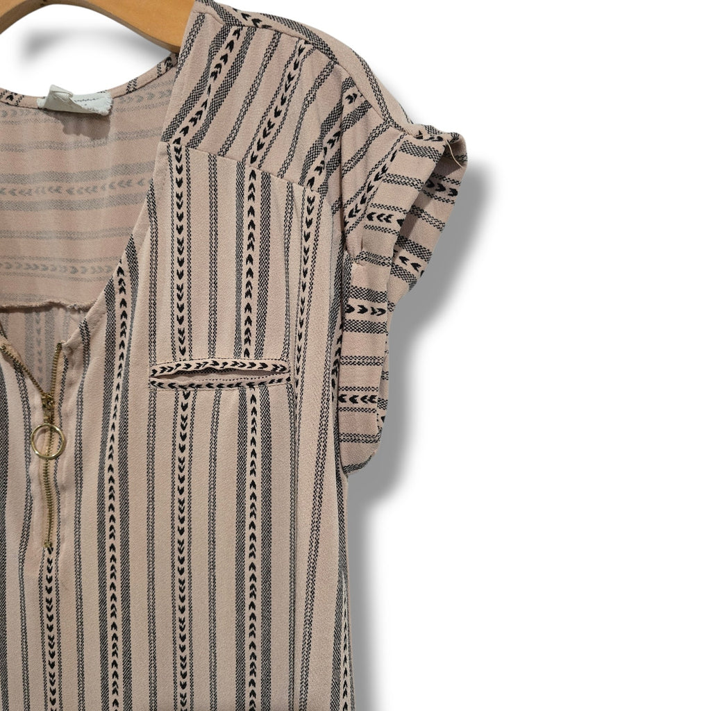 Flower & Feather Striped Aztec O-Ring Quarter Zip Blouse MEDIUM