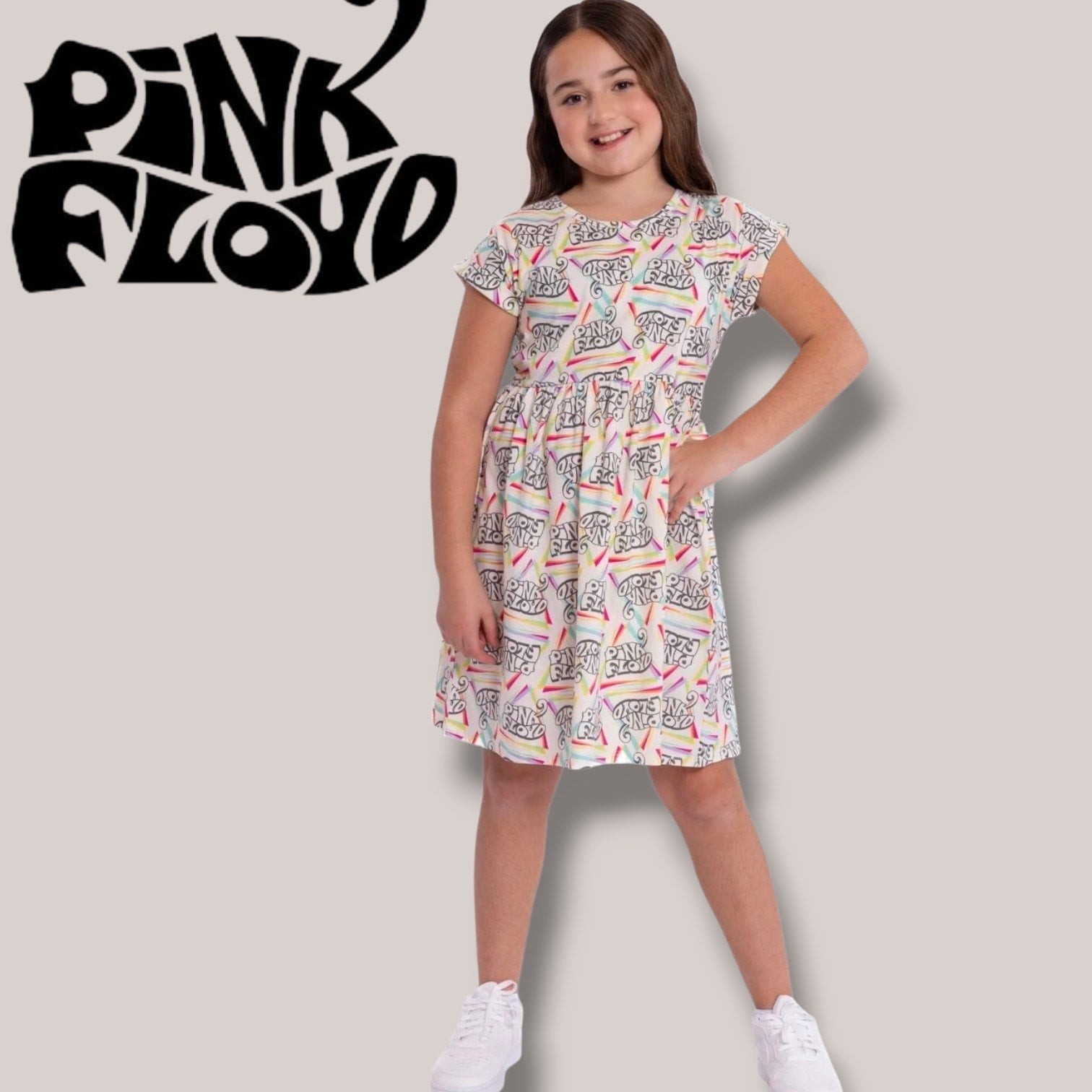 Pink Floyd Girls’ Graphic Rainbow Logo Dress Large, Cotton Polyester Gently Used